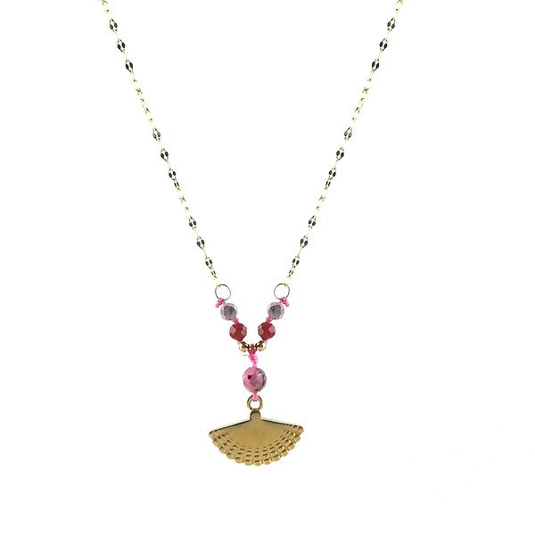 Collier pour femme - pendentif éventail acier pierre naturelle Rhodonite