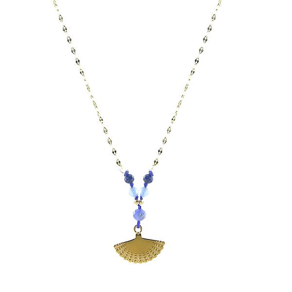 Collier pour femme - pendentif éventail acier pierre naturelle Lapis lazuli