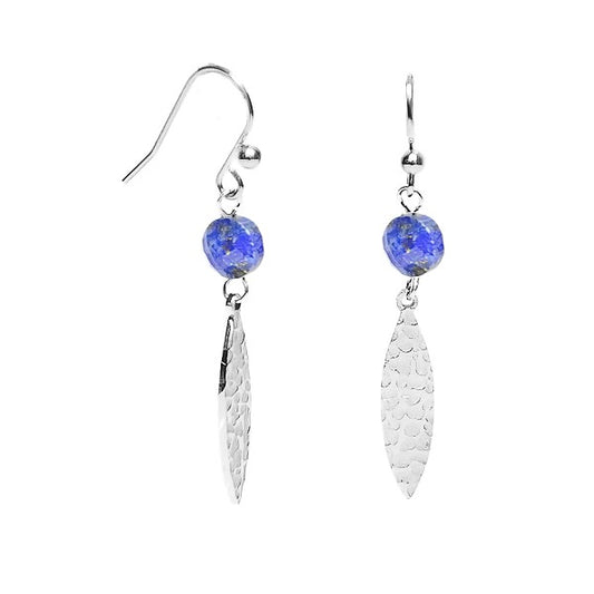 Boucles d'oreilles pour femme pendante acier feuille pierre naturelle Lapis lazuli