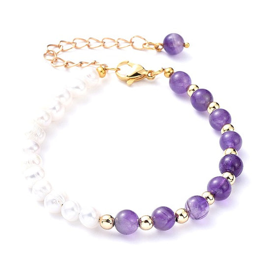 Bracelet fantaisie perle naturelle de nacre et améthyste 5mm
