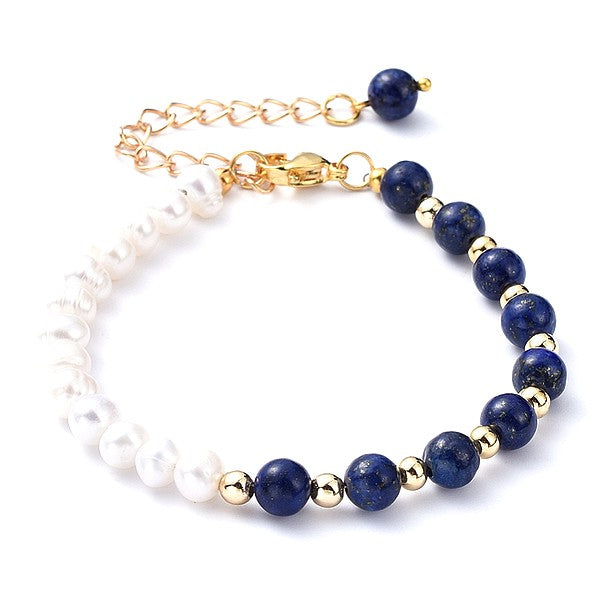 Bracelet fantaisie perle naturelle de nacre et lapis lazuli 5mm