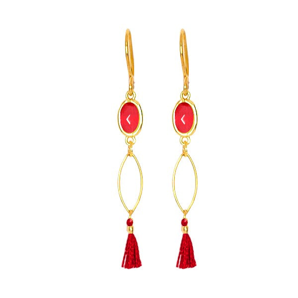 Boucles d'oreilles pour femme pierre naturelle pompon et gemme rouge
