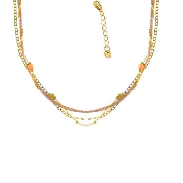Collier femme multi rangs chaîne acier or et or rose gemme blanc
