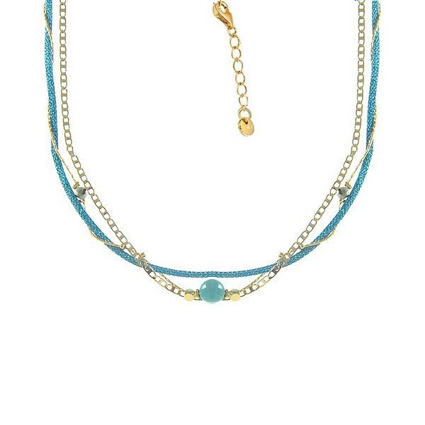 Collier femme multi rangs chaîne acier or et bleu gemme bleu