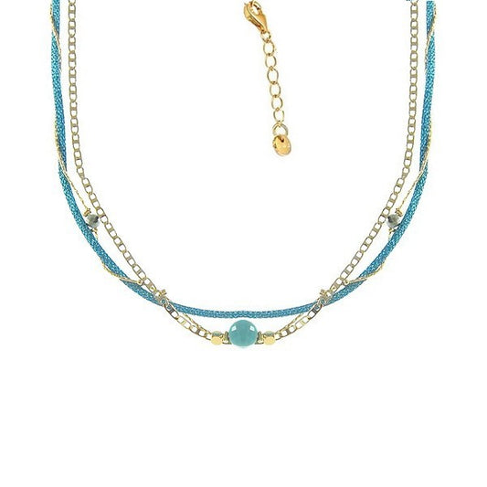 Collier femme multi rangs chaîne acier or et bleu gemme bleu