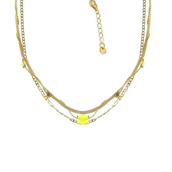 Collier femme multi rangs chaîne acier or gemme jaune