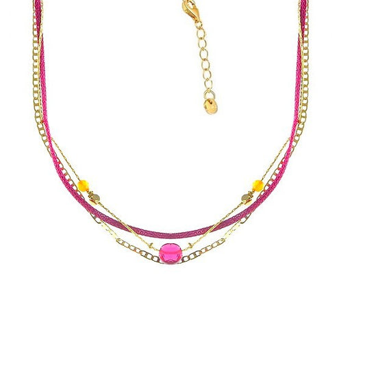 Collier femme multi rangs chaîne acier or et fushia gemme rouge