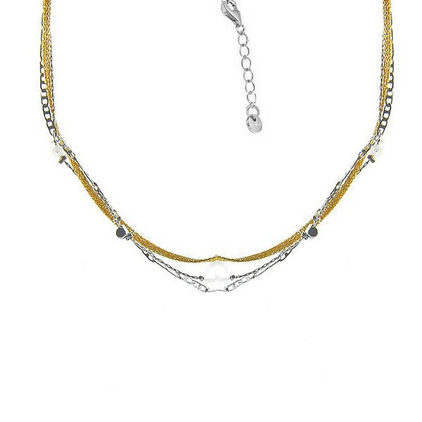 Collier femme multi rangs chaîne acier or et argent gemme blanc