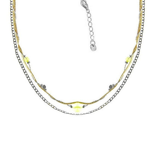 Collier femme multi rangs chaîne acier or et argent gemme jaune