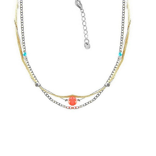 Collier femme multi rangs chaîne acier or et argent gemme rouge et turquoise