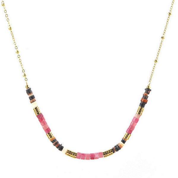 Collier femme acier 316 alternance de disques pierre naturelle Rhodonite