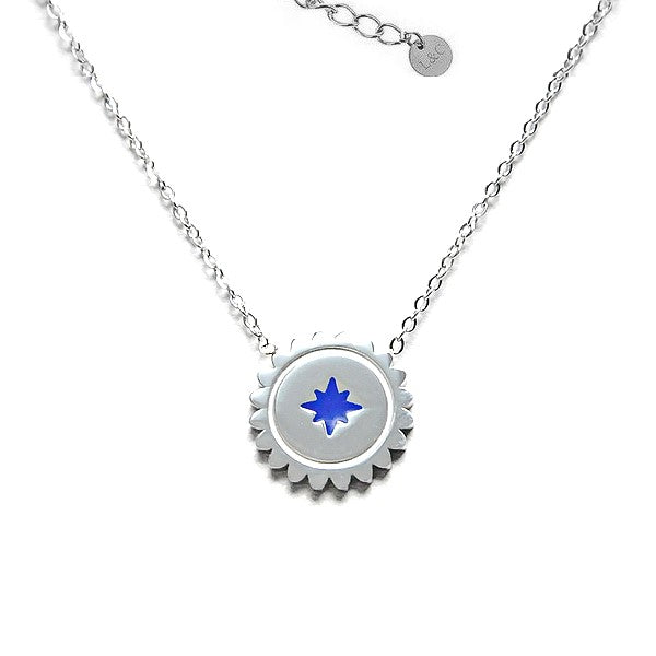 Collier femme acier 316 rosace argentée étoile bleu