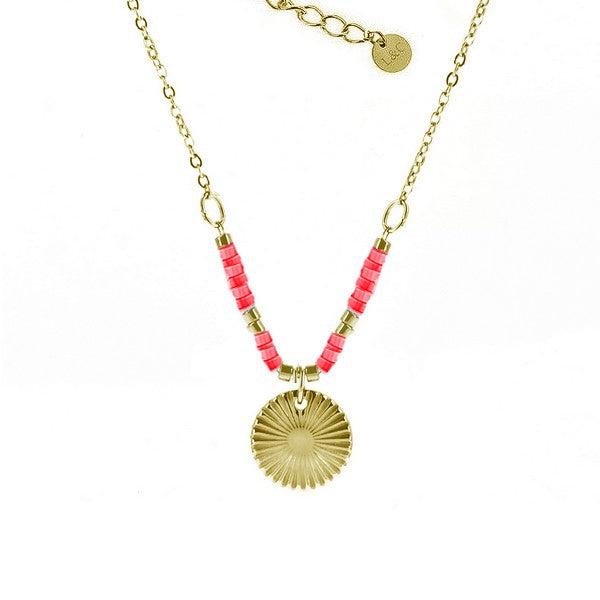 Collier femme acier 316 doré perles rouge et or Bijouxmode