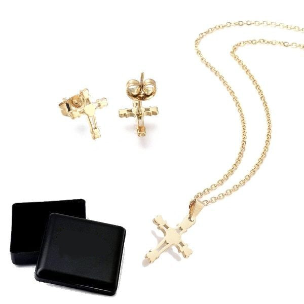 Coffret cadeau pour femme - Ensemble collier et boucles d'oreilles croix religieuse or