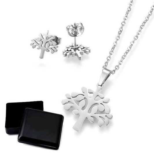 Coffret cadeau pour femme - Ensemble collier & Boucles d'oreilles arbre de vie argenté