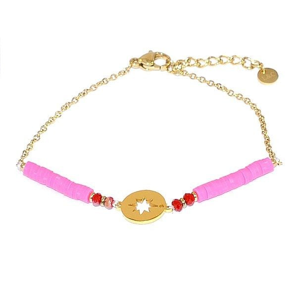 Bracelet acier 316 inoxydable disque étoile doré gomme fushia