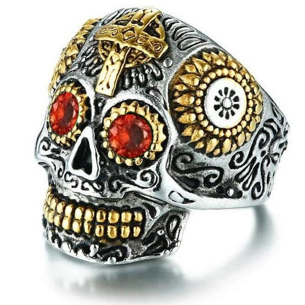 Bague homme femme acier 316 tête de mort yeux rouges 