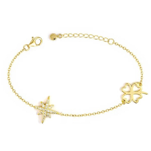 Bracelet pour femme de couleur or, rose des vents CZ et trèfle à quatre feuilles dorées