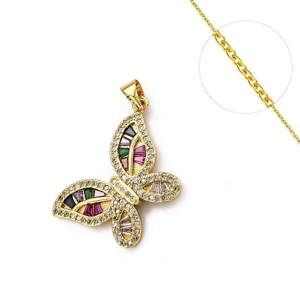 Collier chaine et pendentif zircon cubique rouge et verre papillon Colliers plaqué or Bijouxmode