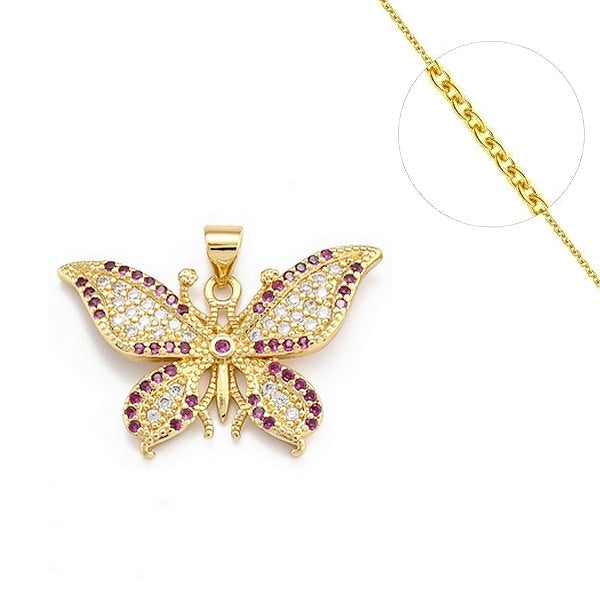 Collier chaine et pendentif zircon cubique fuchsia et blanc papillon Colliers plaqué or Bijouxmode