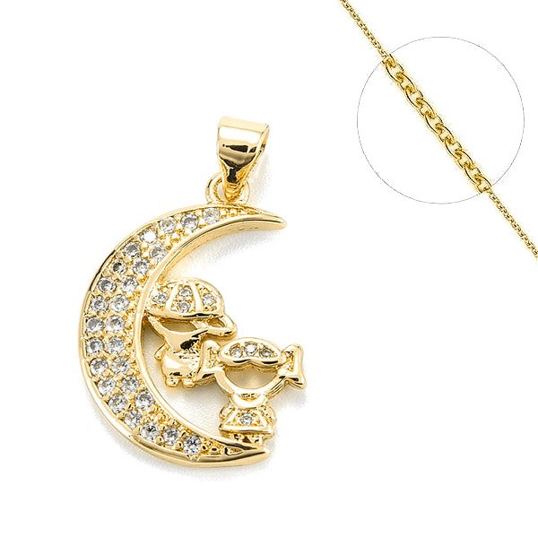 Collier chaine et pendentif zircon cubique lune avec enfants Colliers plaqué or Bijouxmode