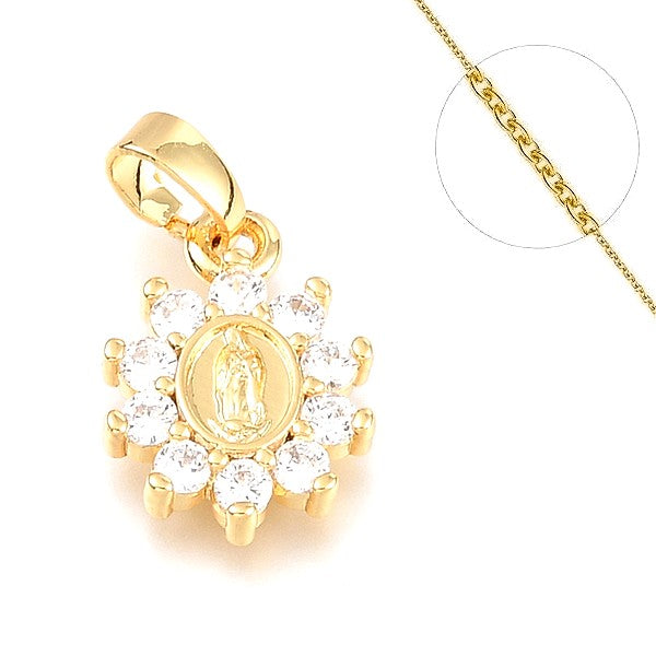 Collier chaine et pendentif zircon cubique fleur avec vierge Colliers plaqué or Bijouxmode