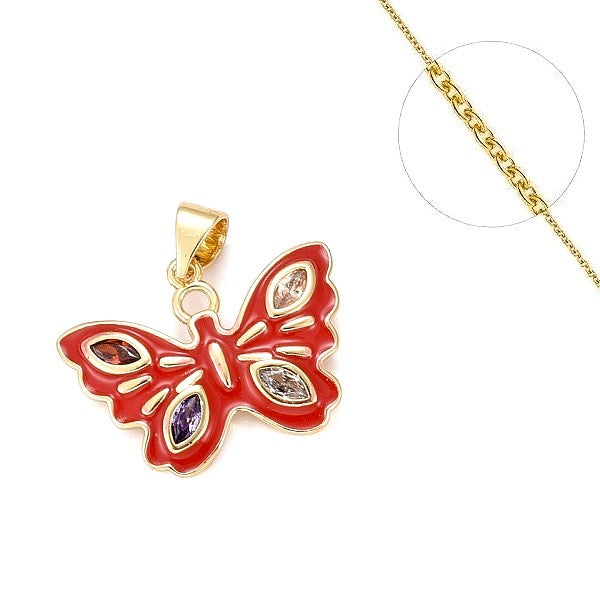 Collier chaine et pendentif papillon rouge