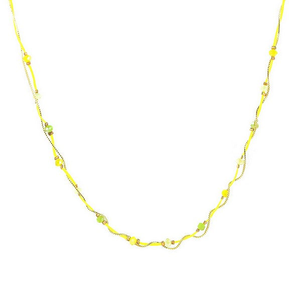 Collier fantaisie 2 rangs perles de verre fil jaune fluo