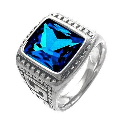 Bague en Acier 316 - Chevaliere ciselé - Diamant cz ' Bleu ' Papybiker66
