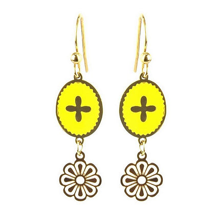 Boucles d'oreilles acier inoxydable tombante émail jaune avec chaînette Bijouxmode