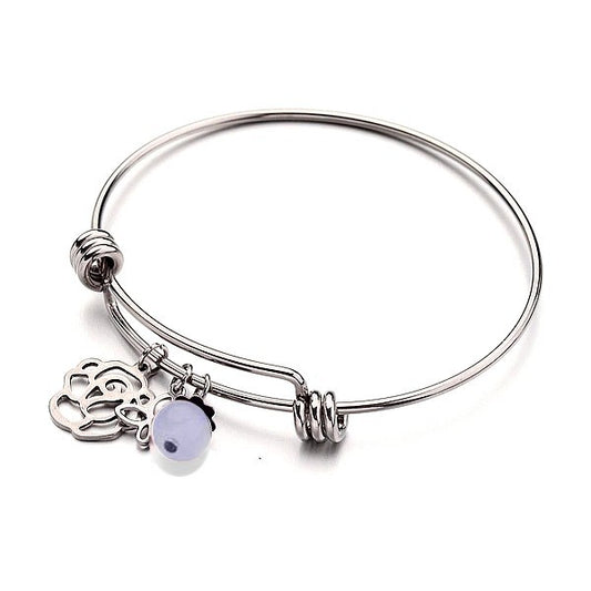 Bracelet acier inoxydable breloque fleur pierre naturelle aigue marine