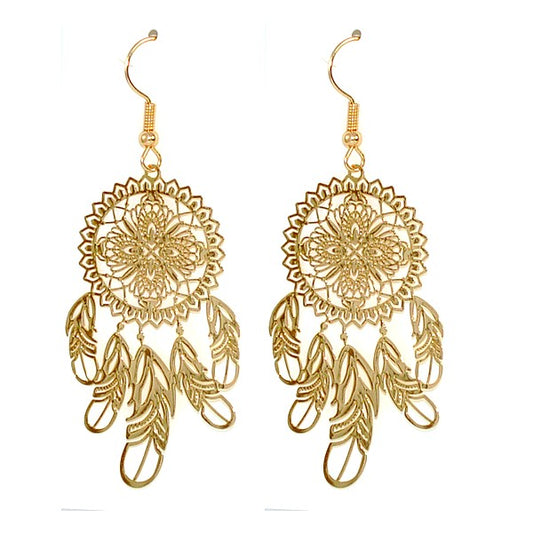 Boucles d'oreilles fantaisie porte bonheur plumes dorées