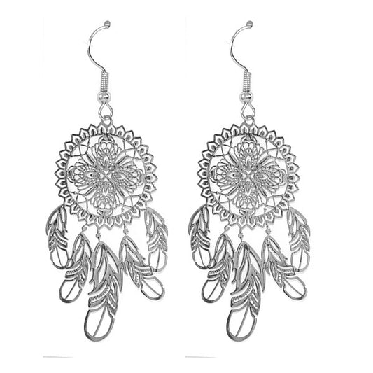 Boucles d'oreilles fantaisie porte bonheur plumes argentées 