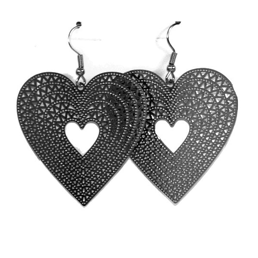 Boucles d'oreilles fantaisie filigrane coeur 2 noir