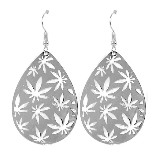 Boucles d'oreilles fantaisie filigrane feuille cannabis argentée