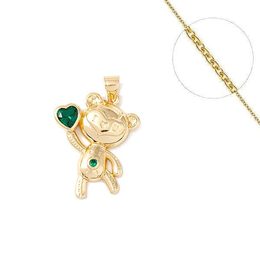 Collier chaine et pendentif 18k ours avec coeur vert
