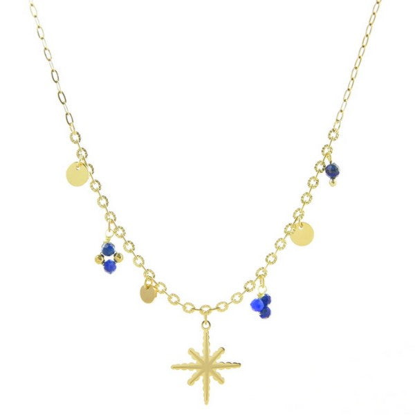 Collier acier inoxydable étoile polaire pierre naturelle lapis lazuli
