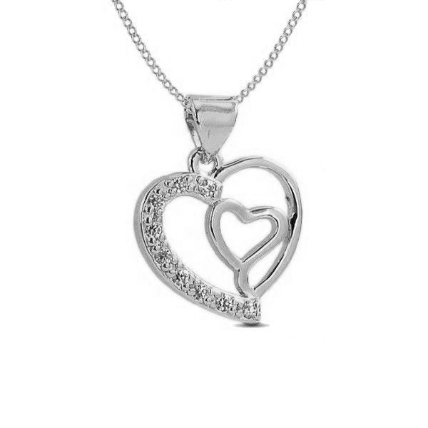 Collier rhodié chaîne et pendentif double coeur diamant CZ