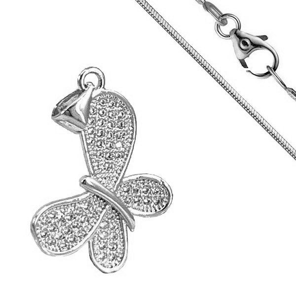 Collier rhodié chaîne et pendentif papillon diamant CZ