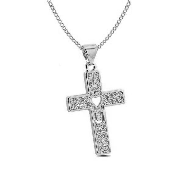 Collier rhodié chaîne et pendentif croix love diamant CZ