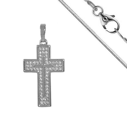 Collier rhodié chaîne et pendentif croix diamant CZ sertis