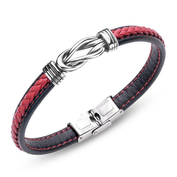 Bracelet homme acier entrelacé cuir rouge